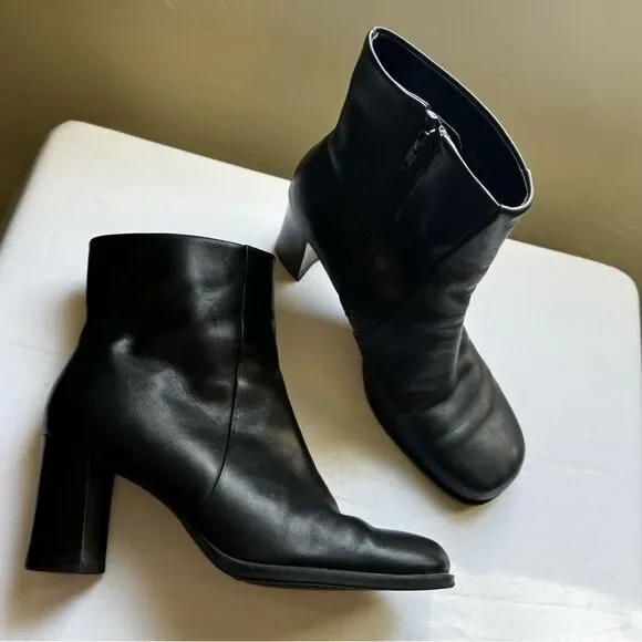Hillard & Hanson 90s Leather Chunky Block Heel, Square Toe Boots Size 8